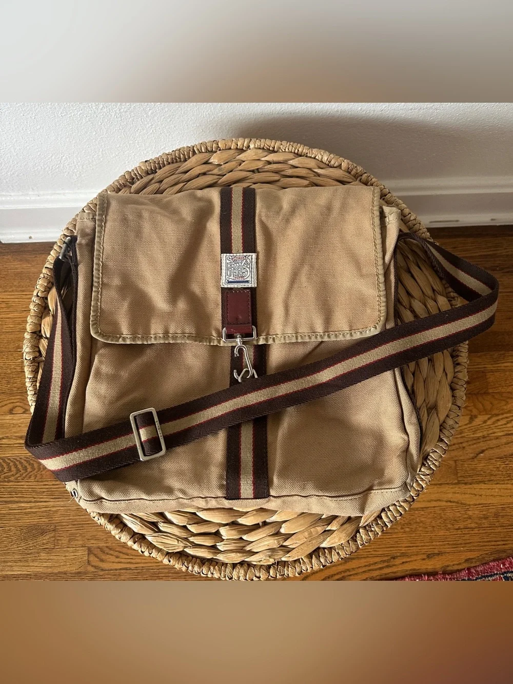 VINTAGE BURBERRY Tan Canvas Messenger Bag Crossbody Stripe Unisex Y2K